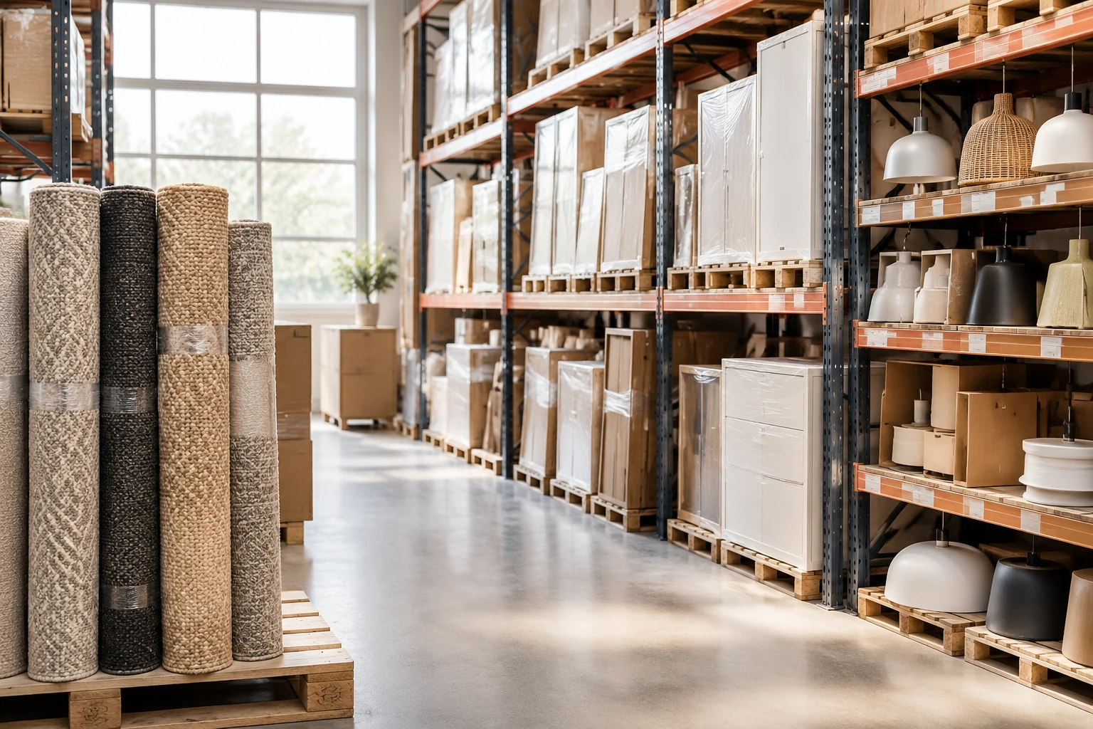 Warehouse aisle with racked furniture cartons, boxed light fittings and rolled rugs on a pallet