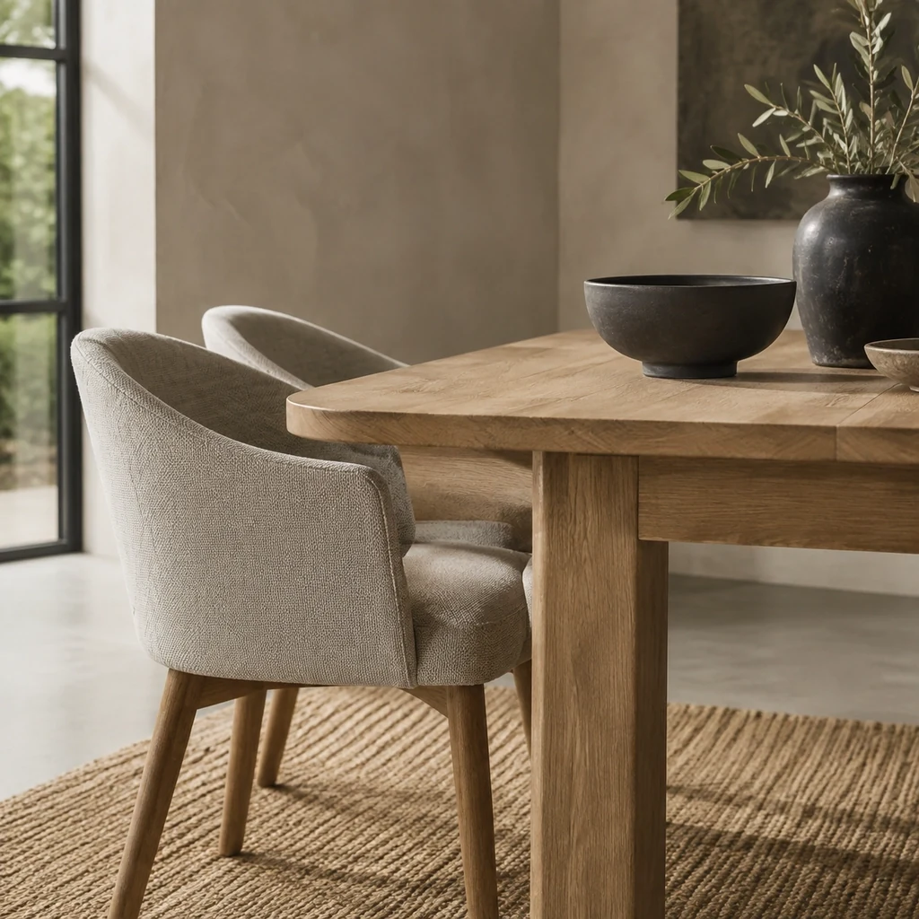 Dining vignette with an oak table and two upholstered chairs
