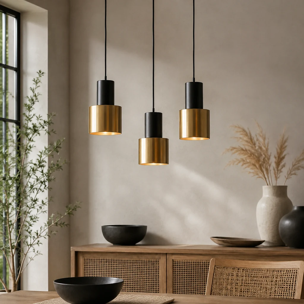 Three pendant lights in brass and matt black hanging at staggered heights