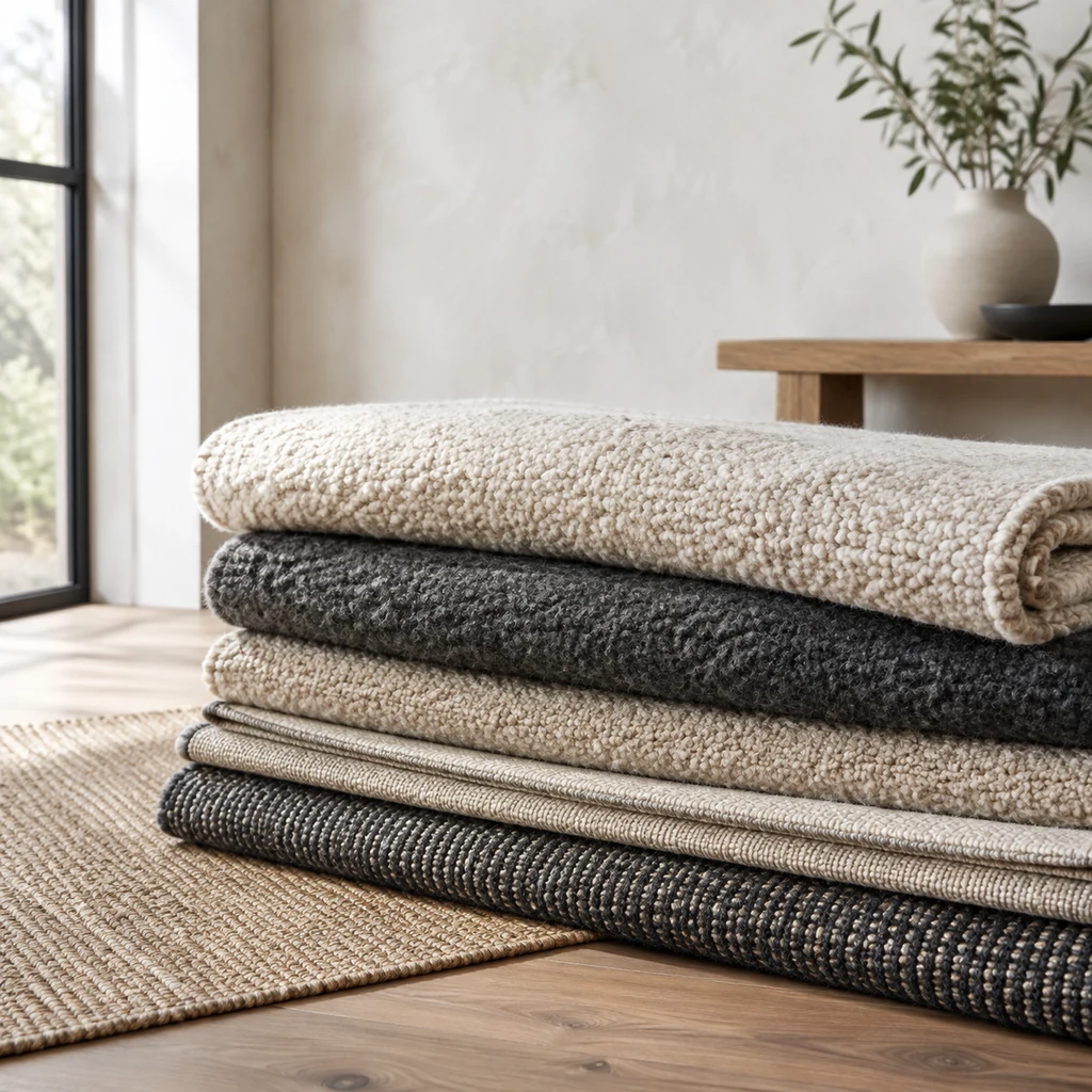 Stack of folded wool and flatweave rugs showing different pile heights