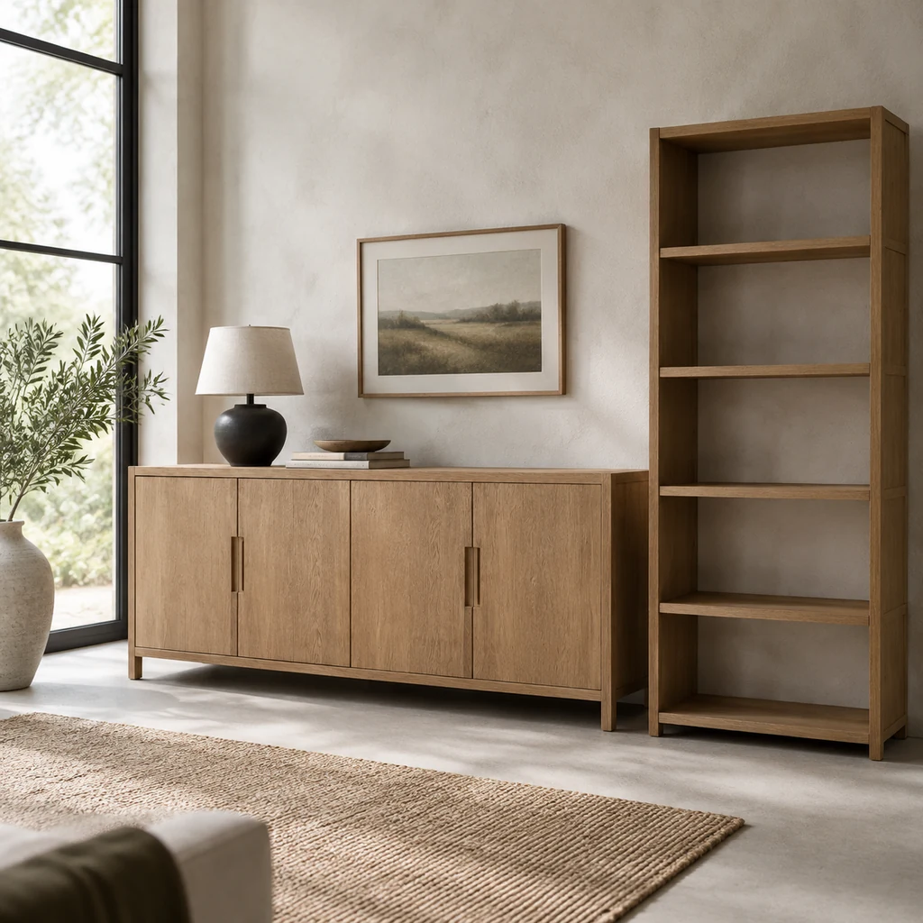 Oak sideboard next to an open shelving unit against a plaster wall