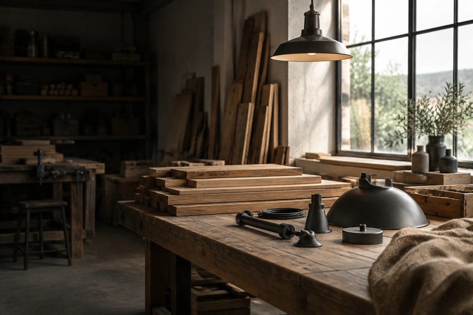 Workshop bench at dusk with stacked oak boards and matt metal lamp components