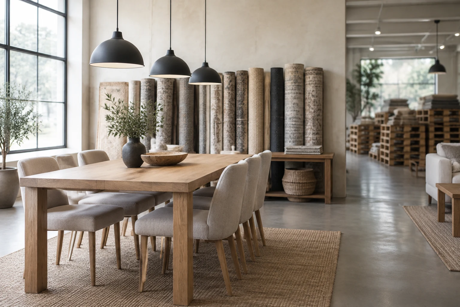 Wholesale showroom with an oak dining set, rolled rugs against the wall and a row of pendant lights