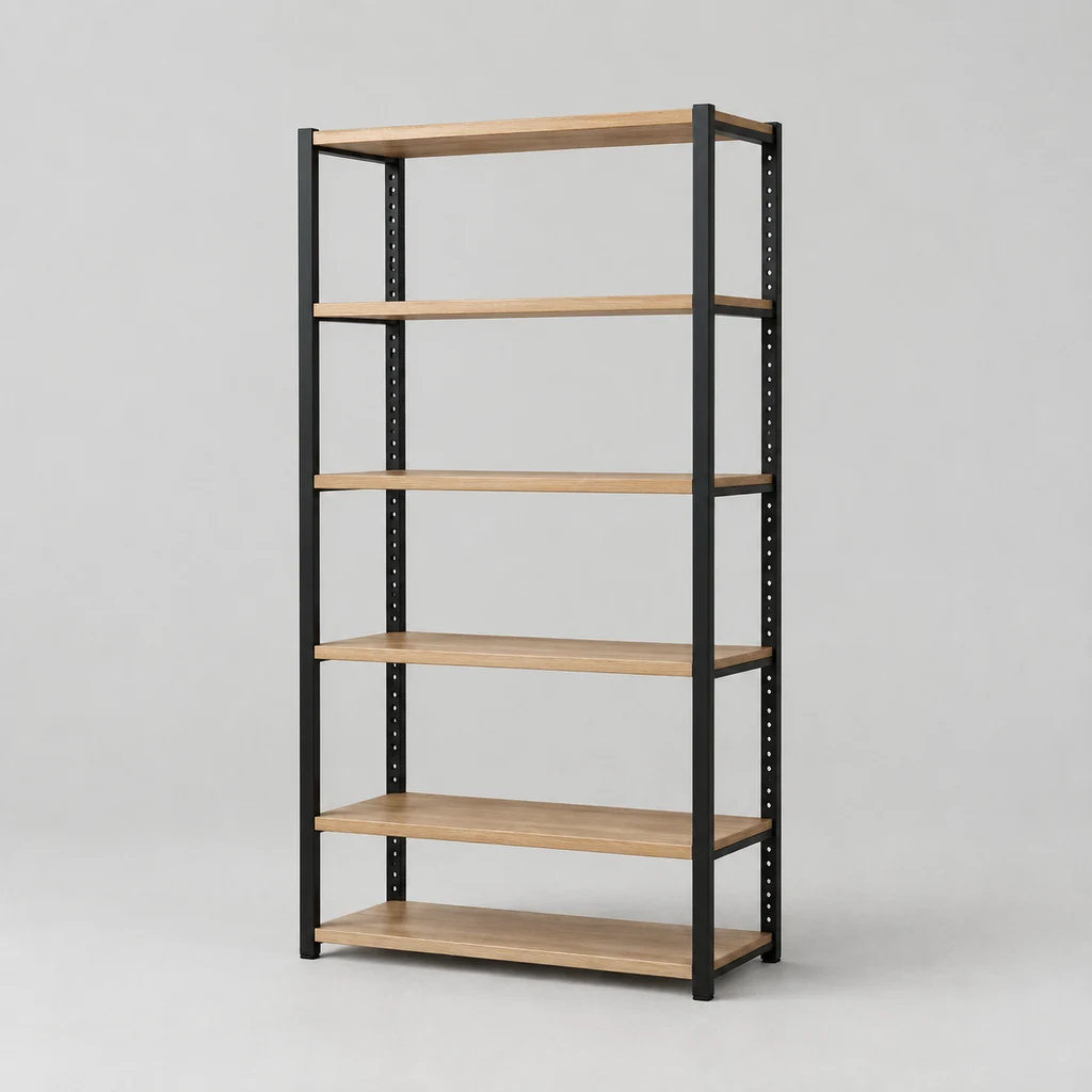 Fenwick open shelving unit with oak shelves on black steel uprights